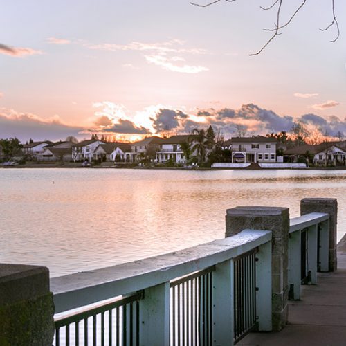 Sunset over a neighborhood lake located in Elk Grove California